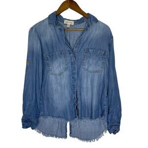 Cloth & Stone Anthro Blue Denim Chambray Distressed Frayed Fringe Shirt Small